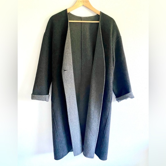 Uniqlo Double Face Collarless Grey Wool Coat - Picture 3 of 9